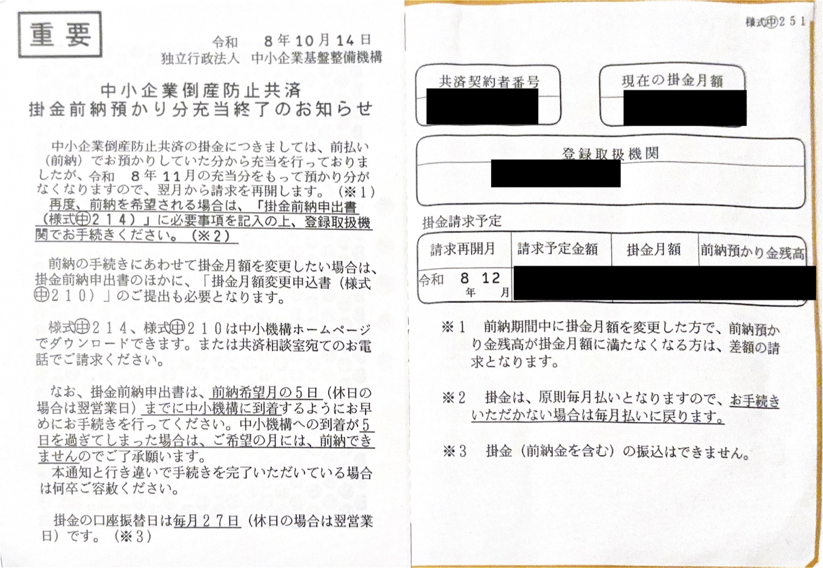 中小機構から届いた「中小企業倒産防止共済 掛金前納預かり分充当終了のお知らせ」。再度前納するなら掛金前納申出書(様式㊥214)を前納希望月の5日までに中小機構へ。口座振替日は毎月27日(契約者番号・掛金月額・登録取扱機関は黒塗り)
